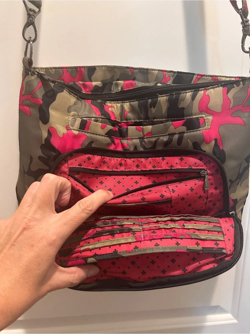 LUG Samba XL Quilted Camouflage Crossbody Bag in Olive and Hot Pink